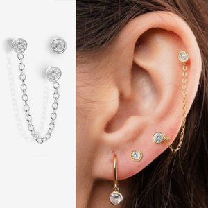 Modern Minimalist Chained Trio Dainty CZ Stud Earring Set